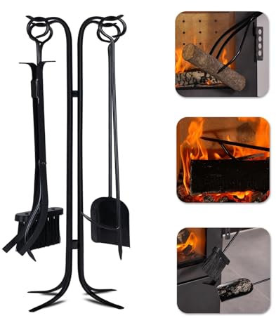 HSIRYAOHD Ensemble d'outils de cheminée 5 en 1 pour intérieur et extérieur - En fer forgé - Avec tisonnier, pince, pelle, brosse, support de foyer