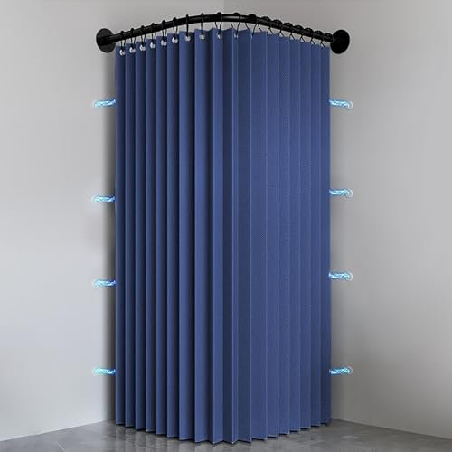 Haoyunll Faltbarer Wasserdichter Anti Schimmel Duschvorhang mit Haken, Waschbarer Eckduschvorhang aus Stoff, Magnetische Duschvorhänge für Badezimmer, 150 g/m², Blau, 180x200cm