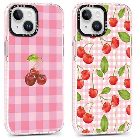 Foonary 2 Pack Transparent Pink Cherry Grid Print Phone Case for iPhone 14/iPhone 13 6.1,Soft Silicone with Design Aesthetics Clear Pattern Cases, Shockproof Bumper Protector Girls Women Cover