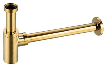Flaschensiphon AquaUno G1 1/4 für Waschbecken, Rund Gold | Massives Messing; höhenverstellbares Ablaufrohr; Geruchssperre und Reinigungsöffnung für sichtbare Waschtischmontage