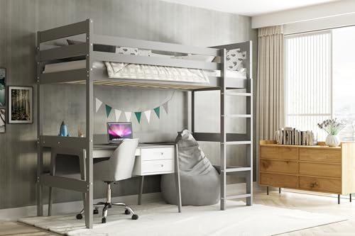 Interbeds Lit Mezzanine Enfant 90x200 cm – Bois Massif de Pin Naturel, Barrière de Sécurité, Echelle Sommier Inclus,1 Place, sans Matelas et Bureau (Gris)