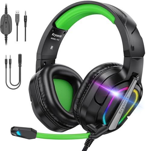 Krysenix PG2 Gaming Headset for PS4, PS5, PC, Xbox One, Switch, Wired Gaming Headphones with Noise Cancelling Microphone, Ergonomic Design Over Ear Computer Headset with 3.5mm Jack & LED,Forest Green