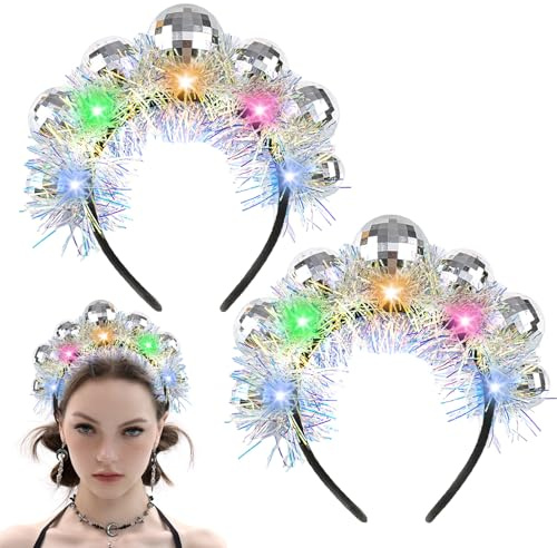 JOKILY 2 Stück Discokugel Haarreif, Disco Ball Headband, Silvester Deko Stirnband, Haarreif Disco mit Farbigem Silberfaden für 70er 80er Jahre Disco Party Kostümzubehör Karneval Fasching Zubehör