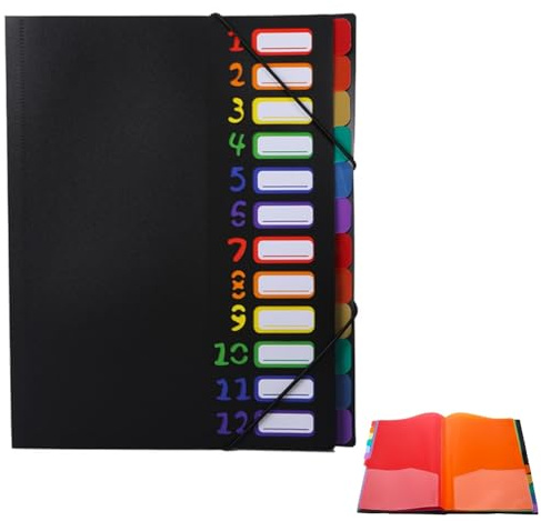 Carpeta Clasificadora A4, PP Carpeta de Archivos Expandible, Clasificador de Documentos con 12 Compartimentos, Portadocumento A4 con índice para Escuela, Oficina y Hogar (Negro)