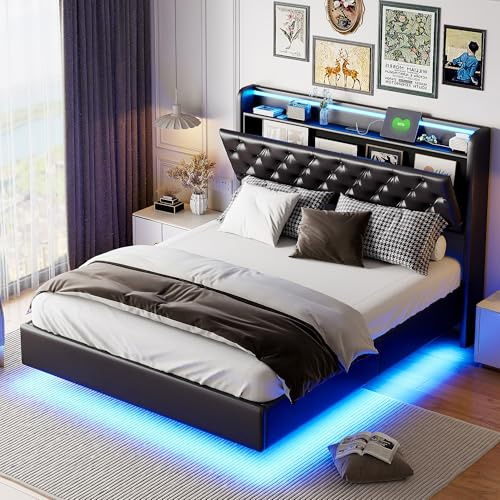ADFUNIT Doppebett 140x200 cm mit Kopfteil Stauraum, LED-Beleuchtung und integrierte Steckdosen, Hydraulisches Stauraumbett für Jugendliche und Erwachsene, Gaming-Zimmer Ideal, Schwarz PU-Leder