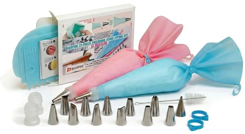 Barpre Piping Bags and Nozzles Set (21 Pcs) - Reusable Icing Piping Kit with 12 Stainless Steel Cake Decorating Tips, 3 Scrapers & 2 TPU Pastry Bags - Baking Frosting Tool for Cupcakes & Cookies