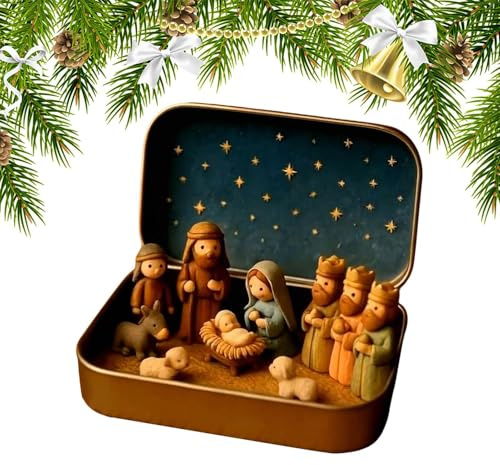 Pequeñas figuras de belén, mini juego de belén de Navidad en una caja de lata, de Navidad de nacimiento de Jesús, figuras de oveja y Jesús para el hogar, dormitorio, estantería, iglesia