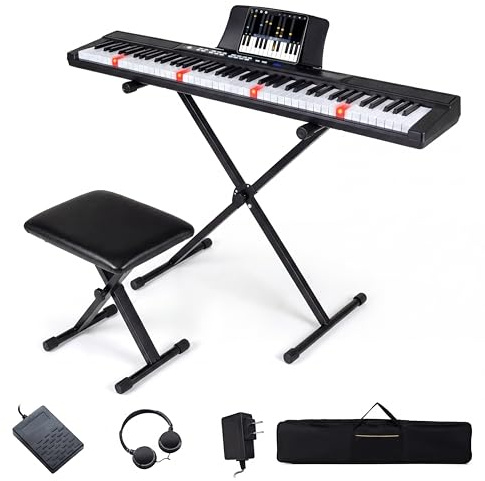 KOMFOTTEU Tastiera per pianoforte a 88 tasti, pianoforte digitale con sgabello, supporto regolabile, auricolari, tastiera elettronica con tasti illuminati, borsa per principianti, adulti (nero)