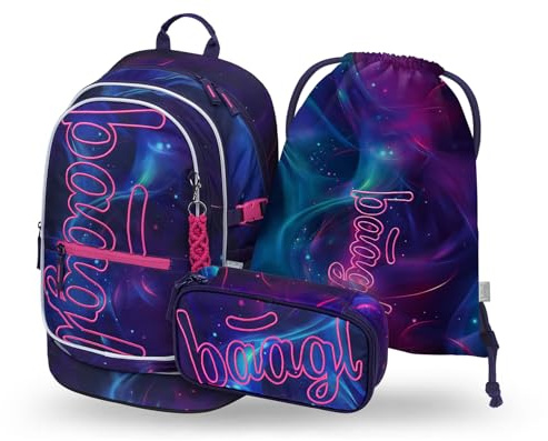 Baagl Schulrucksack Mädchen 3 Teilig Schultasche Grundschule 25 l - Nova | Volksschule Ranzen mit Brustgurt, Turnbeutel und Etui bieten Laptopfach, Organizer und isolierte Brotdose-Tasche.