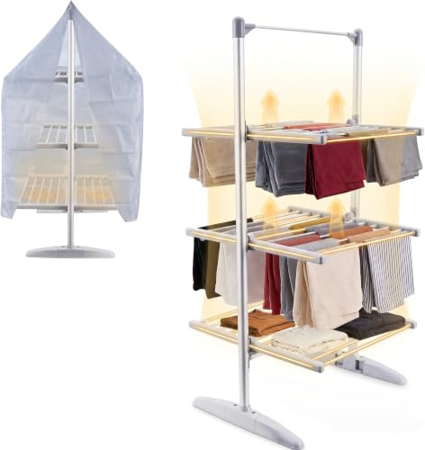 BARGAIN FACTORY XL Electric Heated Clothes Airer, 3 Tier Indoor Laundry Dryer Rack with Cover, 36 Heating Tubes, Foldable, 147x73x15.5cm