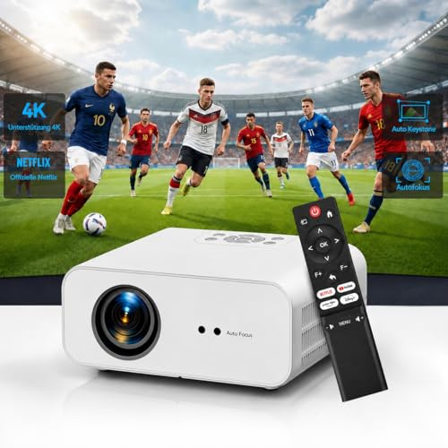 Beamer 4K【Offiziell lizenzierte App】 1300 ANSI Autofokus & 6D Trapezkorrektur Smart Projektor Heimkino, ZOOMCAT 1080P Full HD WiFi6 Bluetooth 5.3 Outdoor Beamer, kompatibel mit Netflix