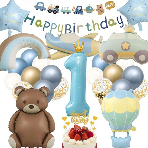 Bär Luftballons 1. Geburtstag Set, Blau 1. Geburtstag Junge | Party mit Auto Regenbogen Flugzeug, Latexballons,Happy Birthday Banner und Tortendeko, Ideal für Kindergeburtstag, Babyfeier