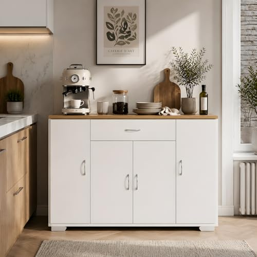 GOKHOMX Aparador Comedor Moderno 110x30x70cm, Mueble Auxiliar Estrecho con 4 Puertas y 1 Cajón, Consola Almacenaje Blanco y Roble para Salón, Pasillo, Rincón de Café