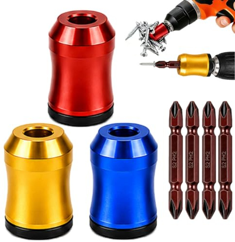 3Pcs Screwdriver Head Magnetic Ring, Removable Household Tool for Drills, Universal Bit Holder with 4Pcs Ph2 Screwdriver Bit for Hex Screwdrivers & Power Bits, Alloy Screw Holder for DIY Repair
