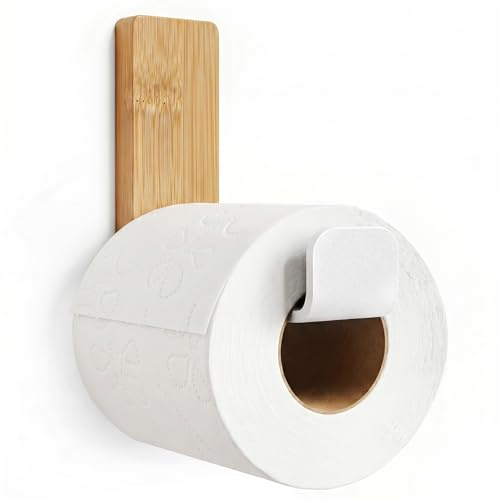 Danhol | Porta Carta Igienica Adesivo da Muro Bianco e Bambù Senza Foratura | Alluminio da 3 mm e bambù naturale