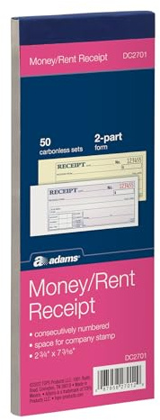 Adams Money and Rent Receipt Book, 2-Part, Carbonless, 2.75 x 7.19 Inch, 50 Sets, White and Canary (DC2701)