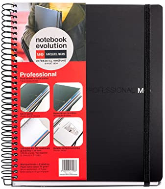 Miquelrius - A5 Evolution Professionelles Notizbuch 120 Blatt à 70 g/m², 100 Gitter + 20 einfache, schwarze Polypropylenhülle, Gummiverschluss, Kartontasche und 3 herausnehmbare Trennwände