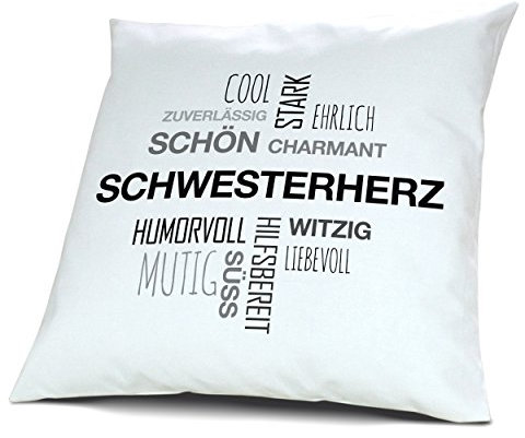 printplanet Kopfkissen mit Namen Schwesterherz - Motiv Positive Eigenschaften Tagcloud Schwarz, 40 cm, 100% Baumwolle, Kuschelkissen, Liebeskissen, Namenskissen, Geschenkidee