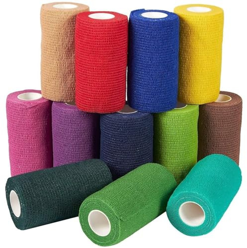 Self Adherent Wrap - 12 Pack of Cohesive Bandage Medical Vet Tape for First Aid, Sports, Wrist, Ankle in 12 Colors with 1 Roll Each, 4 inches x 5 Yards