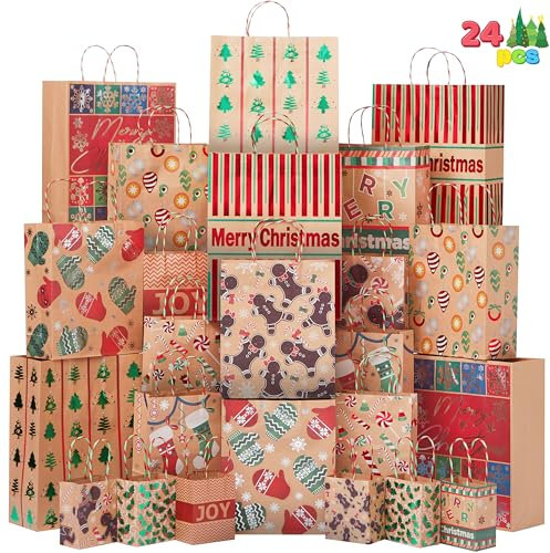 Joiedomi 24 Stück Kraft Geschenktaschen in verschiedenen Größen mit Griffe, Weihnachtsgeschenktüten, Geschenktüten für Weihnachten, Geschenkverpackung, Party Zubehör, Geschenksdeko