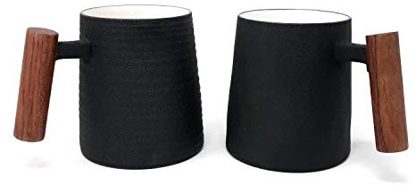 TeaLogic 2er Set Becher Negra für 320ml schwarz Porzellan mit Rosenholzgriff