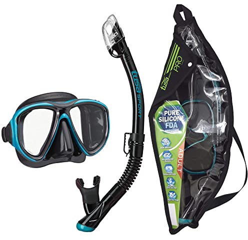 TUSA Sport Adult Powerview Mask and Dry Snorkel Combo, Black/Ocean Green (w/Reusable Bag),UC-2425P-BKOG