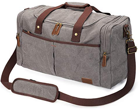 S-ZONE 65 l erweiterbare Reisetasche aus Segeltuch, Wochenendtasche mit Schuhfach, große Handgepäcktasche, Sporttasche für Damen und Herren, hellgrau, XL