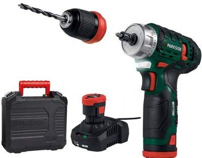 Parkside Cordless Drill PBSA 12 D2 12V Battery PAPK 12 A2 and Charger PLGK 12 A2 Included LED Light 2 Speed Gearbox Adjustable Rotation Speed and Quick Stop