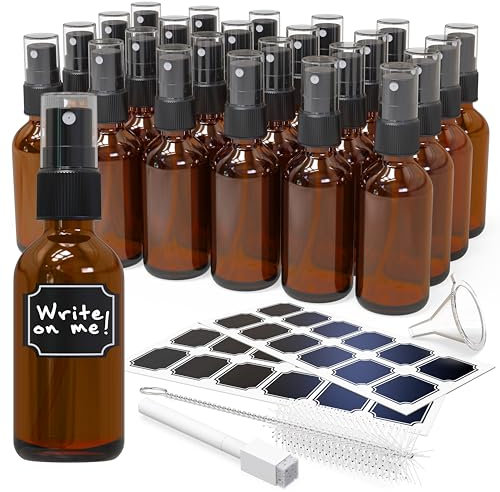 Mockins - Paquete de 24 botellas de vidrio ámbar de 2 onzas, incluye rociadores y un embudo y cepillo con etiquetas adicionales para identificar fácilmente su contenido
