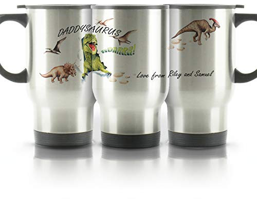 Hairyworm Personalised Travel Mug, 400ml Silver Stainless Steel Travel Mug with Handle, Customised with Initial/Name, Daddysaurus Dinosaur Design Print