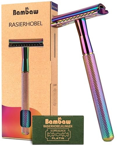 Bambaw Metall Rasierer Herren und Damen mit 5 Rasierklingen Rasierhobel | Rasierer Klassisch | Rasierhobel Zero Waste | Rasierer Umweltfreundlich | Eco Rasierer | Double Edge Razor | Regenbogenfarben
