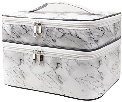MKPCW Kosmetiktasche groß Doppellagige Kosmetiktasche mit Pinseltasche und Trennwand (weisser Marmor)