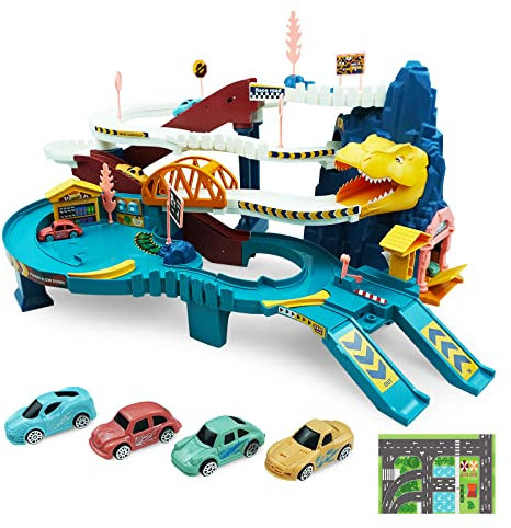 RedCrab Circuit Voiture Enfant, Circuit Dinosaure avec 4 Jouets de Voiture et Rails Circuit Voiture de 3 à 14 Ans Festival Cadeau d'anniversaire pour Garçon Fille