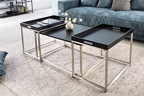 LEBENSwohnART 3er Couchtisch-Set MENTO schwarz abnehmbare Tabletts 75cm Stahl Beistelltische