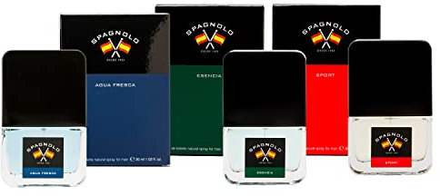 SPAGNOLO - Pack 3 Perfumes Hombre, Agua Fresca, Esencia y Sport 3x30 ml, Colonia Perfumada en Formato Spray, Eau de Toilette Masculina, Fresca y de Larga Duración, Clásica, Enérgica y Natural