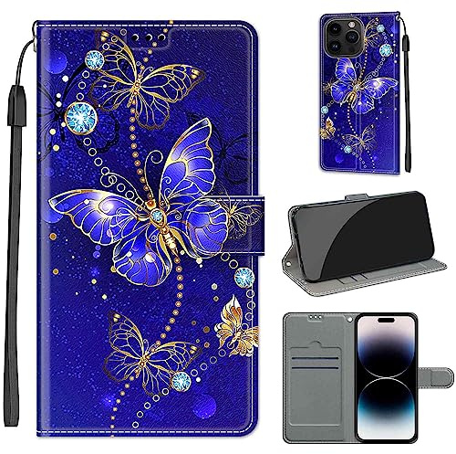 TOMYOU PU Leather Wallet Case for iPhone 15 Pro Max, Butterfly | Pouch Design, Book Flip Folio, Magnet Closure, Kickstand, Card Slots, Wrist Strap Lanyard, Pattern Style