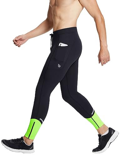 baleaf Men's Thermal Leggings Running Tights Men Waterproof Cycling Trousers with Pockets Zipper Legs Fleece Lined Legging 28 Black/Green L