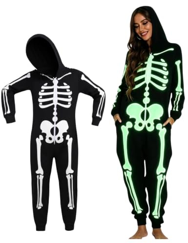 maxToonrain Skelett-Onesies für Erwachsene, Halloween, passender Familien-Pyjama, mit Reißverschluss, Kapuzenpullover, Einteiler für Damen und Herren, Damen, XXL