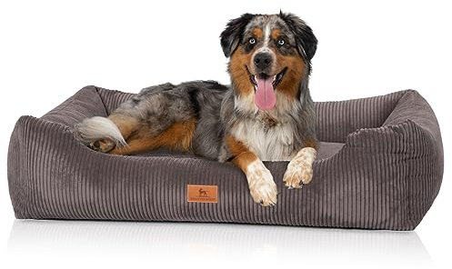 Knuffelwuff Hundebett aus Cord mit handgewebtem Charakter Olivia XL, 105 x 75 cm, Taupe, Abnehmbarer Bezug, waschbar, für große, mittlere und kleine Hunde