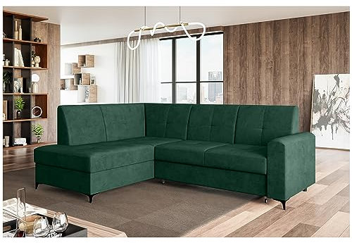 MEBLINI Schlafcouch mit Bettkasten - Kleines Ecksofa mit Schlaffunktion - Sofa mit Relaxfunktion - Kleine Couch L-Form - Eckcouch - Scandi - 236x171x85cm Links - Grün Samt