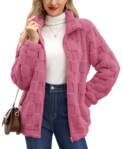 BesserBay Schick Fleecejacke Damen Teddyfleece Schick Sweatjacke Teddyfleece Winter Warm Schachbrettmuster-Rose L