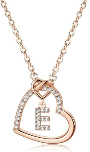 LIHELEI Damen Halskette Herz Buchstabe S925 Roségold Kette Damen Personalisiere Kette, Geburtstags und Weihnachten Geschenk Für Frauen Mädchen Mama Freundin - E(Roségold)