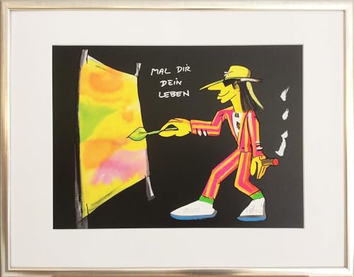 Kunstverlag Christoph Falk Mal Dir Dein Leben (Passepartout) - UDO Lindenberg Bild - handsignierte Auflage original Grafik im silberfarbenem Rahmen hinter Museumsglas. Likörell. Siebdruck.