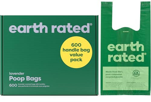 Earth Rated Hundekotbeutel mit Griffen, Vorteilspack, leicht zu binden und garantiert auslaufsicher, Lavendel, 600 Griffbeutel
