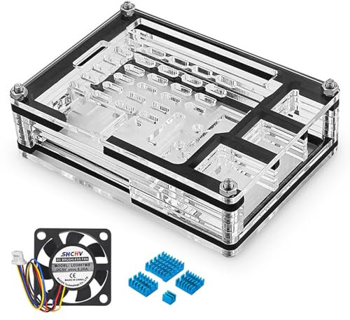 Gehäuse für Raspberry Pi 5 mit 4 Reinem Kupfer Kühlkörper & 4 Pin PWM Lüfter Behälter (40 x 40 x 10 mm) für Raspi 5 4GB/8GB, Clear Acryl