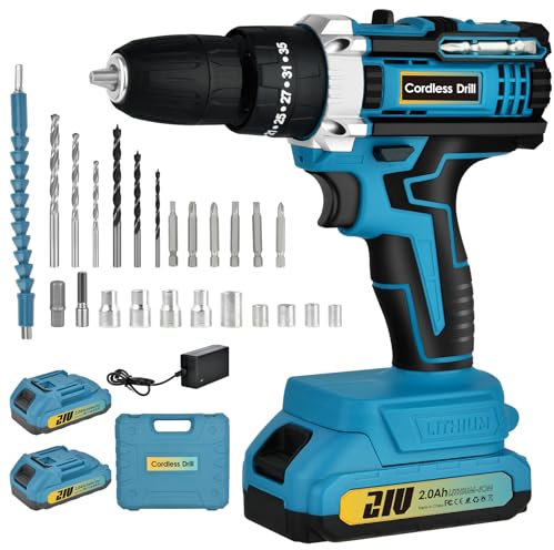 Anveltech Taladro Percutor a Bateria 21V, Taladro Atornillador Batería, Destornillador Electrico 45N.m, Ajuste De Torque 25+3, Con Baterías 2*2.0AH, 2 Velocidades,Set Taladro Inalámbrico 24 Accesorios