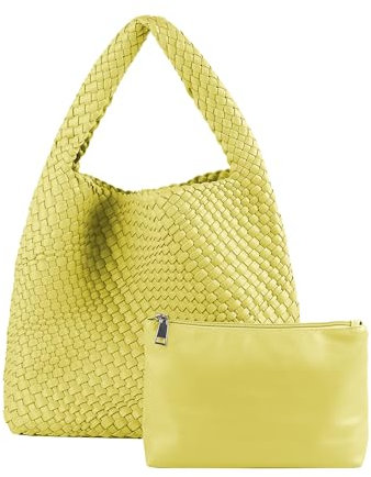 Handgewebte Tasche für Damen, veganes Leder, Griff, Handtasche, Reise-Umhängetasche, Hobo-Tasche, Strandtasche mit Geldbörse, Maisgelb, 14.25*4.8*12.25 inch