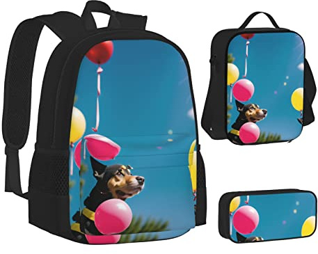woerexker Dreiteiliges Rucksack-Set mit Flamingos am Strand, mit Tasche, Rucksack, Cross-Body-Lunch-Tasche, Stifttasche für Reisen, Tagesrucksack, Hund und Luftballons, Einheitsgröße,