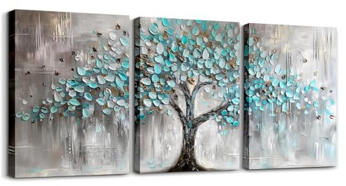 Homewish Tree of Life Canvas Wall Art for Living Room,Teal Blue Gray Abstract Picture Prints for Bedroom Office Home Decoration, Modern Nature Landscape Painting Artwork, 40x30cm Set of 3
