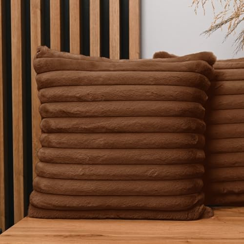 MG Design 2er Set Kissenbezüge 45 x 45 cm in Braun – mit Reißverschluss, langflorige Fell-Haptik, weich & Cosy, pflegeleicht